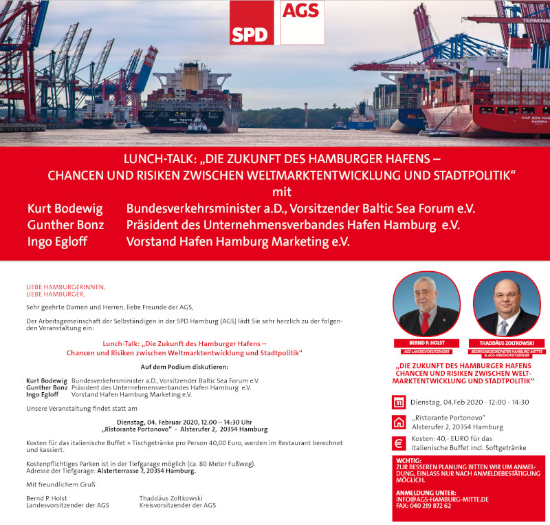Arbeitsgemeinschaft der Selbständigen in der SPD Hamburg lädt ein zum Lunch-Talk am 4. Februar 2020