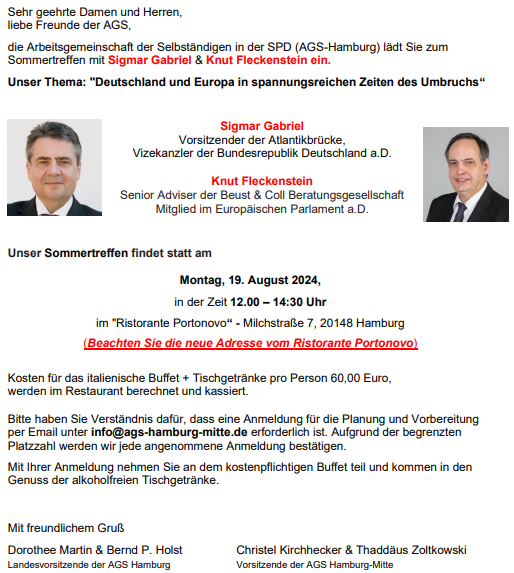 AGS Hamburg ldt zum Sommertreffen mit Sigmar Gabriel & Knut Fleckenstein ein